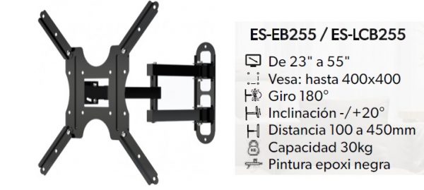 SOPORTE TV BRAZO  DOBLE  CON INCLINACION LN+GIRO 180° 23 A 55" -30KG-